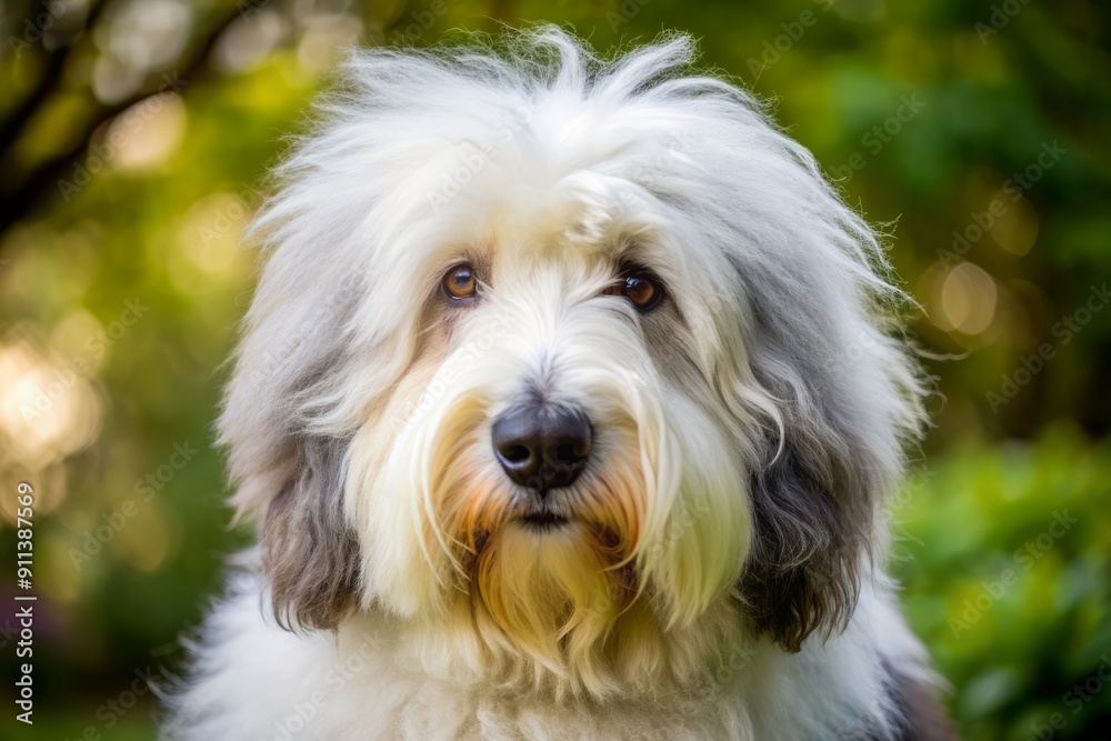 Adorable Old English Sheepdog with fluffy coat and curled ears intently sniffs and explores its surroundings with curious eyes and twitching nose.