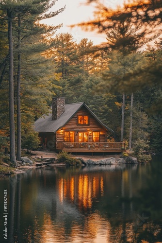 Fototapeta Naklejka Na Ścianę i Meble -  Charming log cabin at sunset by a serene lake with warm lights glowing in the forest