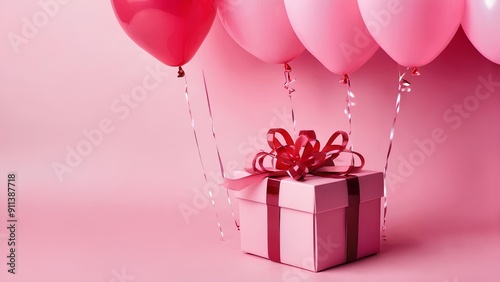 a pink gift box with a red ribbon and a red ribbon tied around it. Pink balloon with pink background, pink gift box, copy space, pink layout