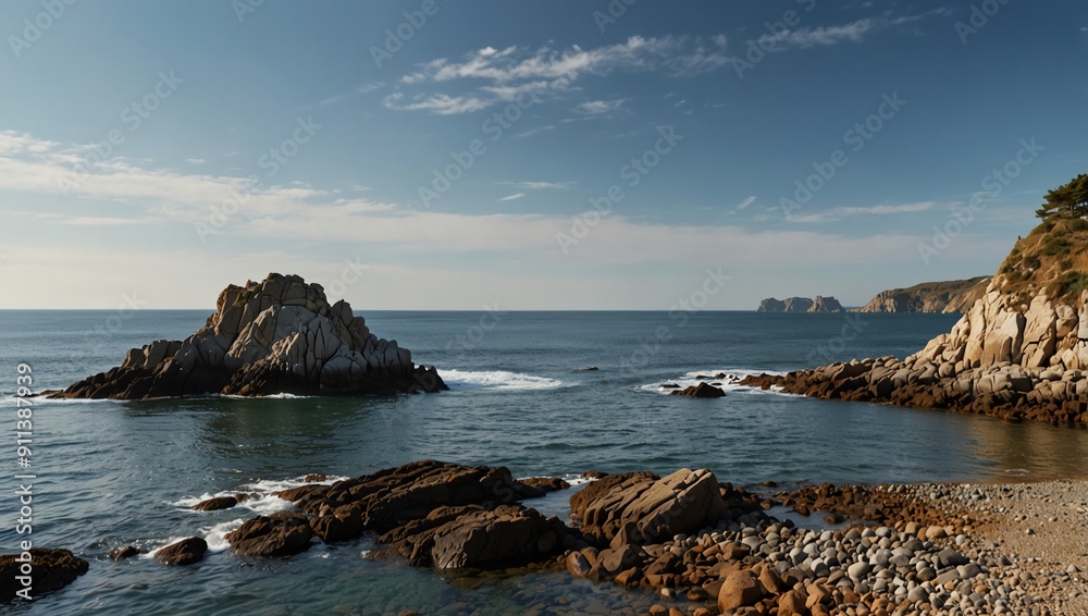 A rocky coastline with two large rock formations in the ocean A rocky coastline with two large rock formations in the ocean