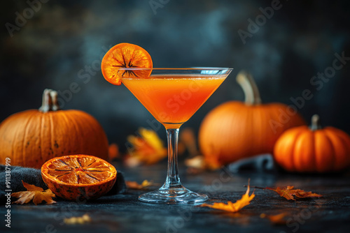 Pumpkin martini cocktail. Pumpkin pie spice cocktail, festive seasonal drink for Thanksgiving and Halloween party, Pumpkintini. photo