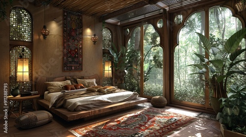 A Luxurious Bedroom with a View of the Rainforest photo