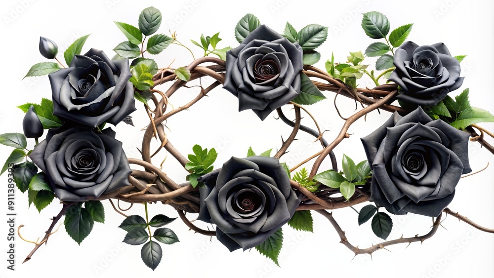 Evil Roses Background Mysterious black roses intertwined with ivy and thorny vines on a pure ...
