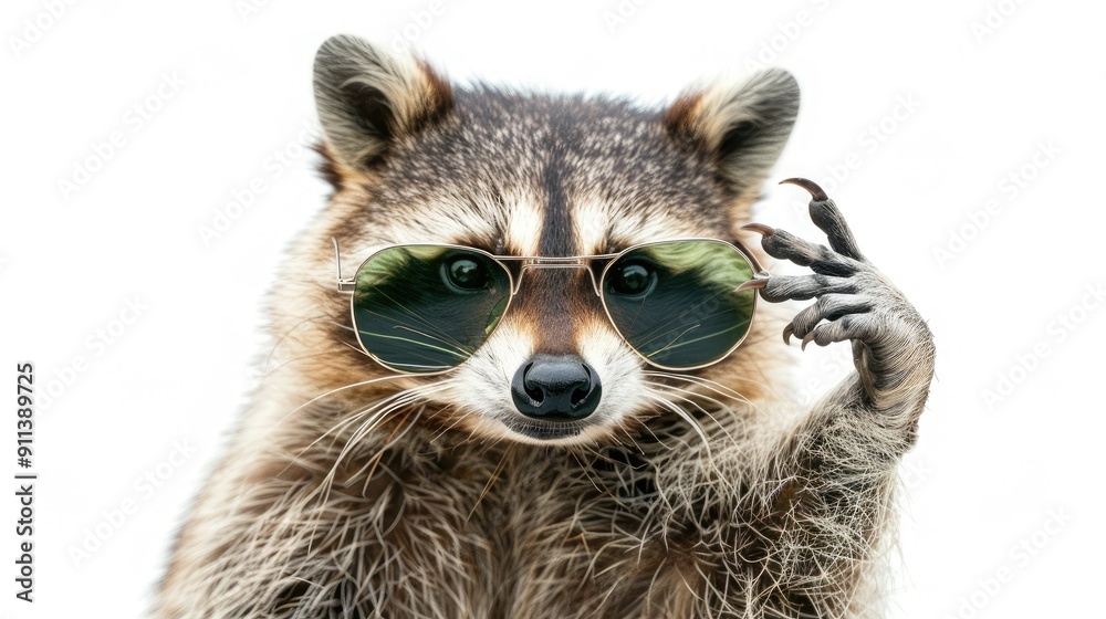 Obraz premium Funny raccoon in green sunglasses showing lonely rock expression.