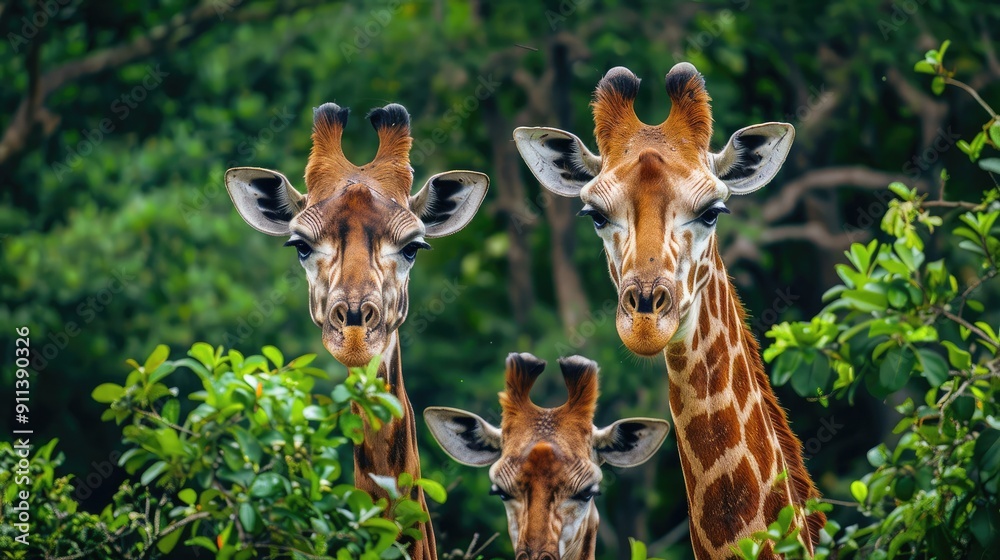 Concept of two giraffe heads in front of green trees.