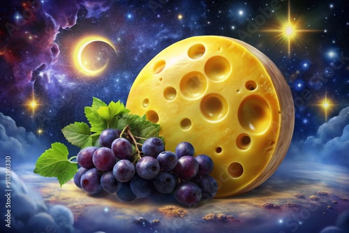 Vibrant yellow cheese moon glows brightly in starry night sky, crater details replaced with melted swirls, surrounded by orbiting grapes and twinkling lights. photo