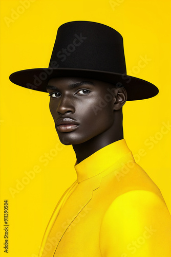 Black male model wearing a black hat and yellow suit against a yellow background in a fashion photography shoot.