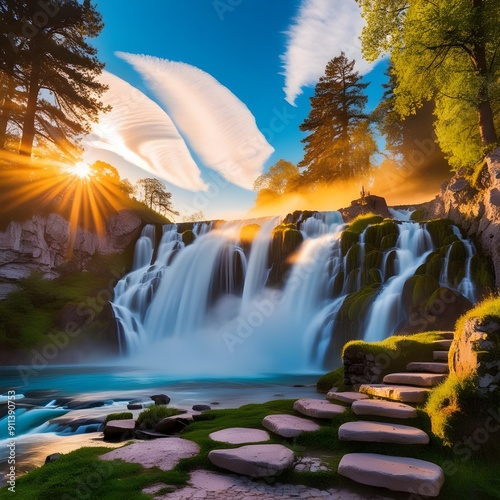 Amazing nature landscape, beautiful waterfall at sunrise, famous Skradinski buk, one of the most beautiful waterfalls in Europe photo