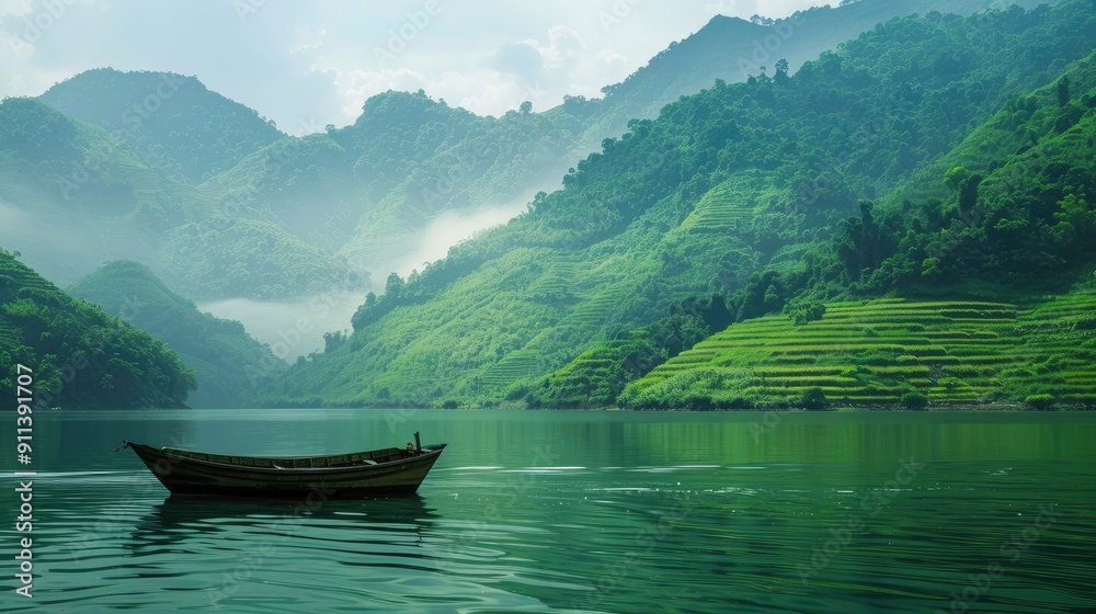 Obraz premium A serene boat concept amidst lush hills.