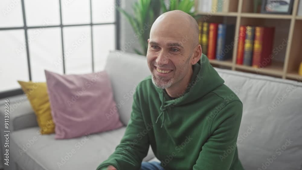 Bald bearded man in green hoodie sitting on a gray couch, conversing indoors with colorful cushions and bookshelf background Bald bearded man in green hoodie sitting on a gray couch, conversing indoors with colorful cushions and bookshelf background