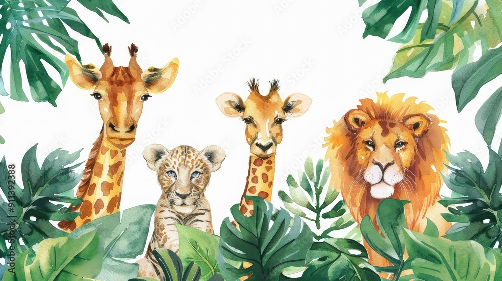 Fototapeta premium Watercolor safari illustration animal concept and tropical foliage.