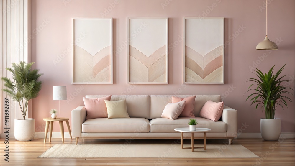 Fototapeta premium A set of three minimalistic pastel pink gallery wall art canvas poster