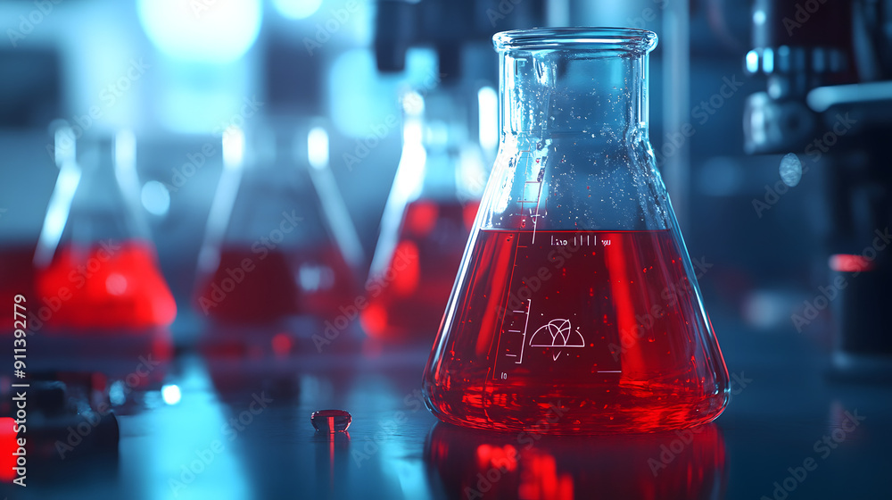 Close-Up of Beakers Filled with Red Liquid in Front of a Microscope Close-Up of Beakers Filled with Red Liquid in Front of a Microscope