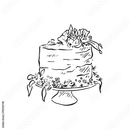 A single tier wedding cake decorated with flowers. Semi naked cake with icing. Black and white vectorised hand drawing.