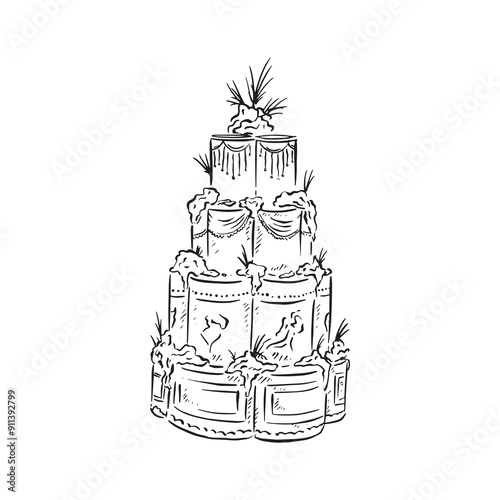 A heavily decorated four tier wedding cake finished with florals and fondant icing. Black and white illustration line drawing, created by hand as a vector.