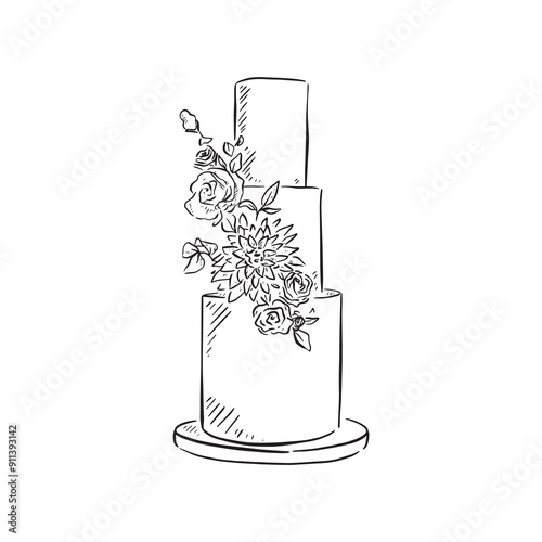 A three tier wedding cake with floral elements, baked and finished with fondant icing. Drawn by hand in black and white line. Vector. Cook, chef, pastry chef.