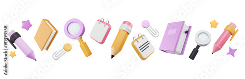 Border of 3d school supplies. Office tools pattern. Books, pencil and pen, magnifier, paper clips and copybook, graphic stars render. Vector isolated cartoon illustration. Plastic elements.