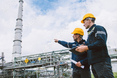 Quadro em tela Industrial Workers Inspection Plant High visibility Helmets Operational Safety D
