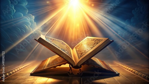 The Holy Quran glowing and radiating light, Sacred, Islamic, Quran, Holy book, Islam, Religion, Spiritual, Light, Glowing photo