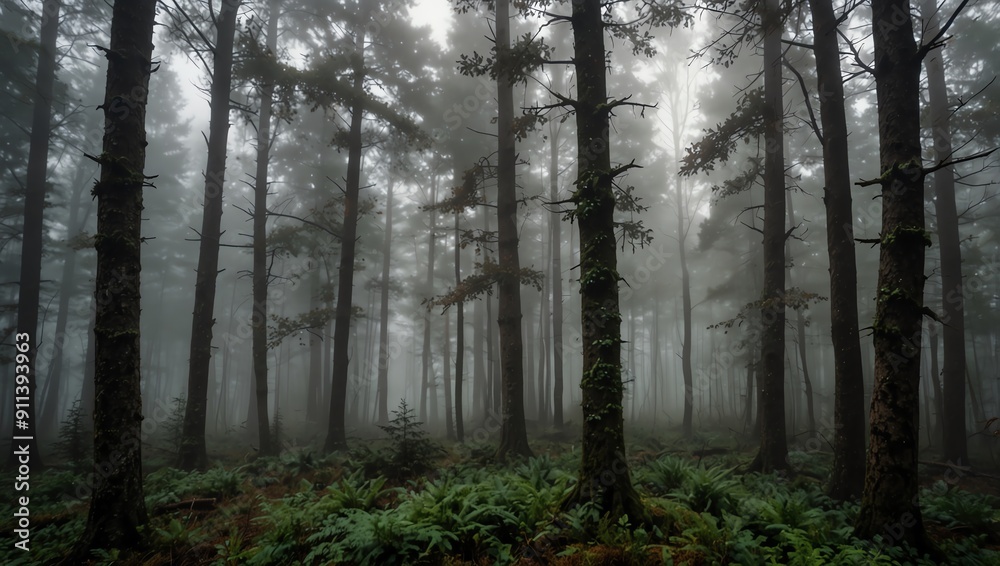 A misty forest with tall, slender trees and a thick layer of fog. A misty forest with tall, slender trees and a thick layer of fog.