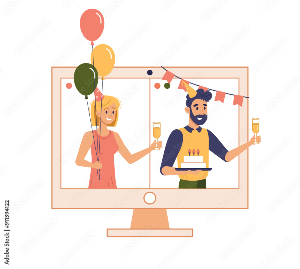 Online party, virtual meeting with friends. Vector man and woman in festive hats with balloons and flags, cake and glass of champagne. People celebrate event remotely. Video call during self isolation Online party, virtual meeting with friends. Vector man and woman in festive hats with balloons and flags, cake and glass of champagne. People celebrate event remotely. Video call during self isolation