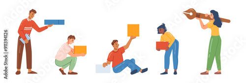 Male and female characters team creating new abstract structure, cartoon personages working under corporate project. Vector designers ui ux, business and creativity process, teamwork concept