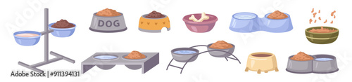 Feeder for feline and canine animals. Vector isolated set of bowls with food for cats and dogs. Domestic care, petshop or veterinary products. Snacks for pets, full dish with tasty meals
