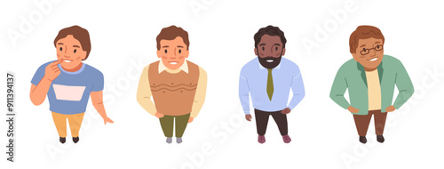 Overhead people from different social strata looking up. Vector isolated surprised male cartoon characters faces watching and staring, top down view. Amazed shocked men, standing and gazing