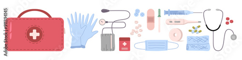 Emergency first aid kit with medicine and equipment for health care and treatment. Vector bandage for wound, gloves and mask from viruses, pipette and thermometer, medication and capsules
