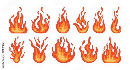 Bonfire or campfire. Vector isolated set of tongues of flames and fires. Blazing and burning wildfire balls, fireball with hot temperature. Flat cartoon spheres for game design or nature scenery