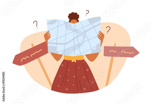 Puzzled woman with map in hand search way out. Solutions, multiple directions, opportunities concept. Character making choices, decision and right road or destination vector illustration