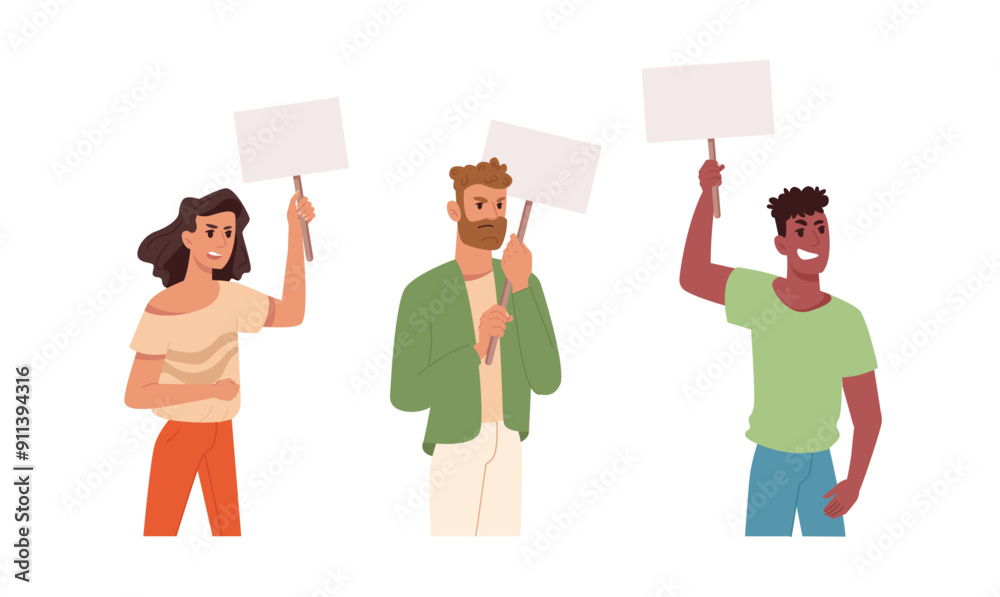 Men and woman activists with banners on protest. Vector people with empty placards on rally. Manifestation and politic protesting. Protesters or demonstrators on action blank showing signs Men and woman activists with banners on protest. Vector people with empty placards on rally. Manifestation and politic protesting. Protesters or demonstrators on action blank showing signs