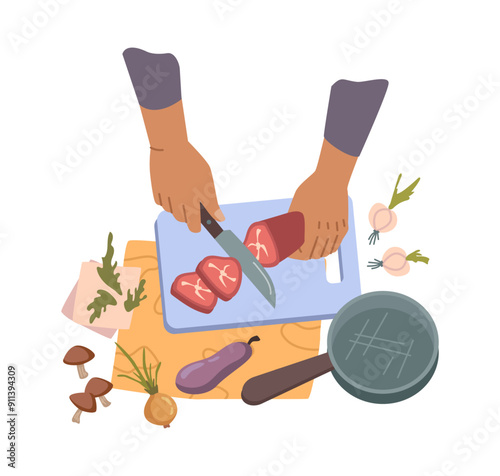 Hands cooking food, slicing sausage on board, flat cartoon vector illustration. Chef character preparing chopping on table top view. Person holding knife and cutting vegetables and meat with slice