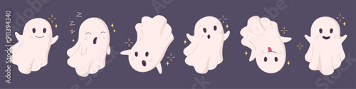 Halloween cute ghosts with smiling faces. Vector isolated poltergeists with sleepy and glad expression. Surprised or emotional flying spirit, floating character with glowing stars decor