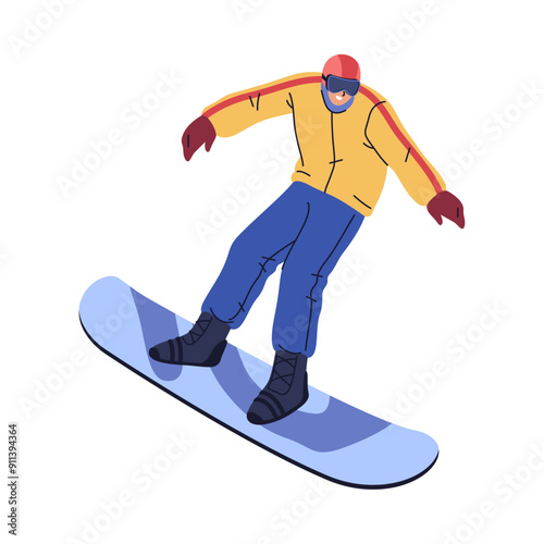 Professional snowboarder, isolated male personage snowboarding on longboard. Winter sports activities and recreation, sportive challenge or tournament. Vector cartoon character in flat style