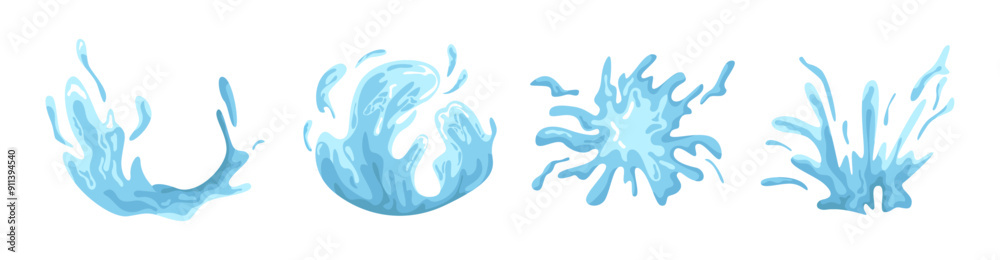 Obraz premium Liquid water splashes and sprinkles, falling aqua drops, sea or ocean waves and swirl. Vector isolated seawater motion effects, flows, streams and spills. Set of rainwater plashing or fountain