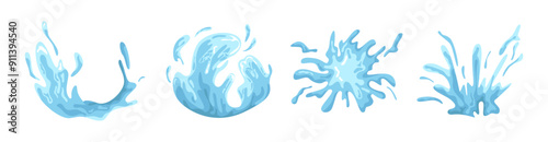 Liquid water splashes and sprinkles, falling aqua drops, sea or ocean waves and swirl. Vector isolated seawater motion effects, flows, streams and spills. Set of rainwater plashing or fountain