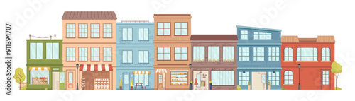 Cityscape with small business shops, isolated city landscape with houses and trees. Vector buildings and residential blocks or units exterior and facade. Architecture of downtown or suburbs skyline