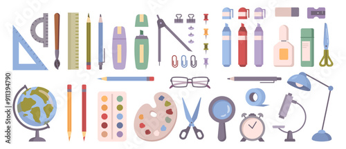 Big set of school supplies and education elements. Vector globe and pencil, tape measure and protractor, ruler and pens, glue and scissors, magnifier and clock, microscope and lamp, tape and sharpener