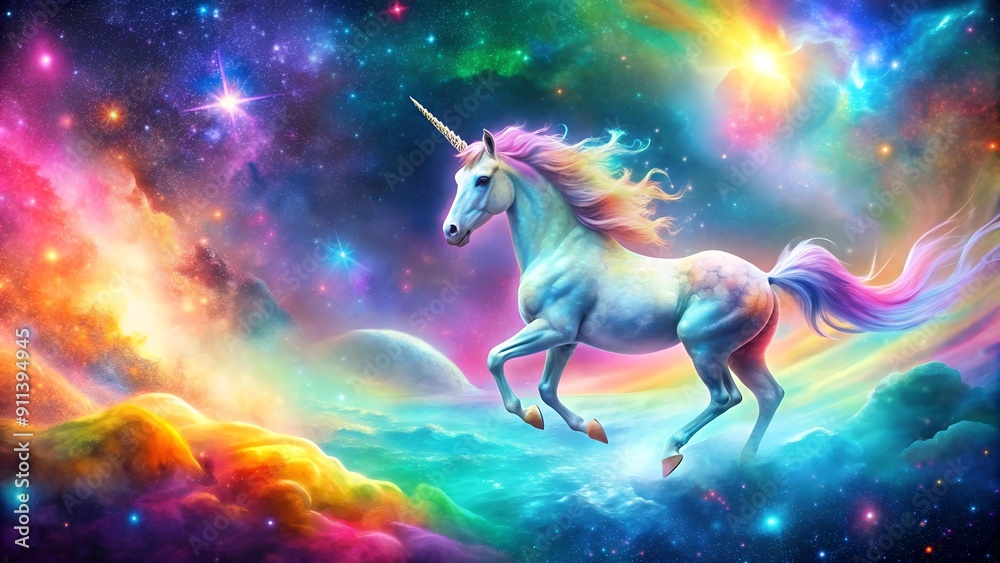 Fototapeta premium Celestial Symphony: Holographic Rainbow Unicorn in a Nebula AI Generated