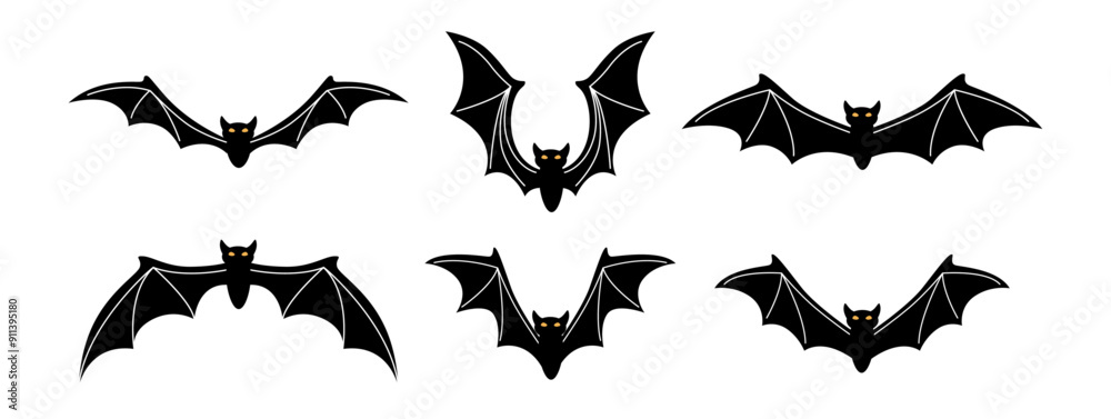 Fototapeta premium Halloween flying bats silhouettes. Vector isolated set of spooky animal with wings. Symbol of darkness and night. Dark or evil characters with long wings, spooky scenery decoration, mystery