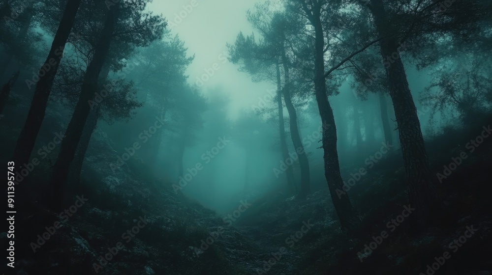 Mysterious Foggy Forest: Atmospheric Trees and Dark, Moody Nature Landscape Mysterious Foggy Forest: Atmospheric Trees and Dark, Moody Nature Landscape