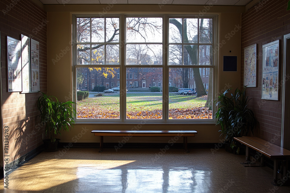 Fototapeta premium Empty Hallway with Large Window Overlooking Fall Trees on a Bright Morning