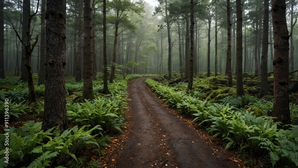 Naklejka premium A dirt road winds through a dense, misty forest with tall trees and ferns lining the path.
