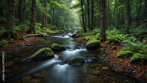A stream flows through a dense, green forest. The water is clear and moving quickly,