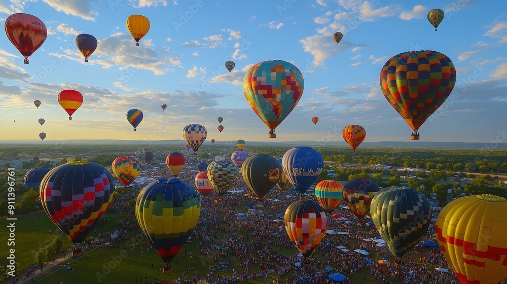 Obraz premium Colorful hot air balloons soar over a lively festival, creating a vibrant scene in the sky during a beautiful sunset.