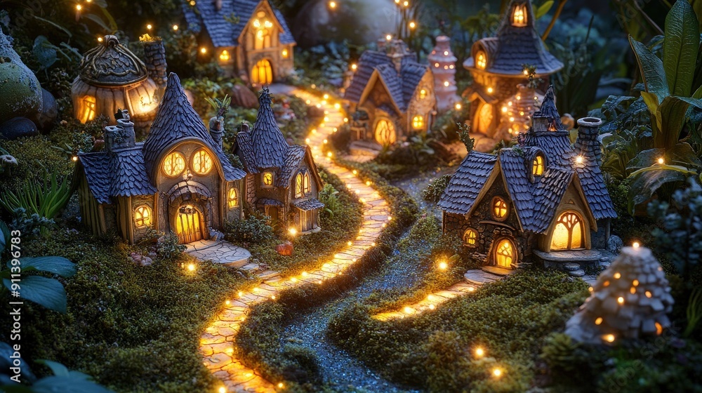 Fototapeta premium Enchanting miniature village illuminated by glowing lights, creating a whimsical and magical night scene.