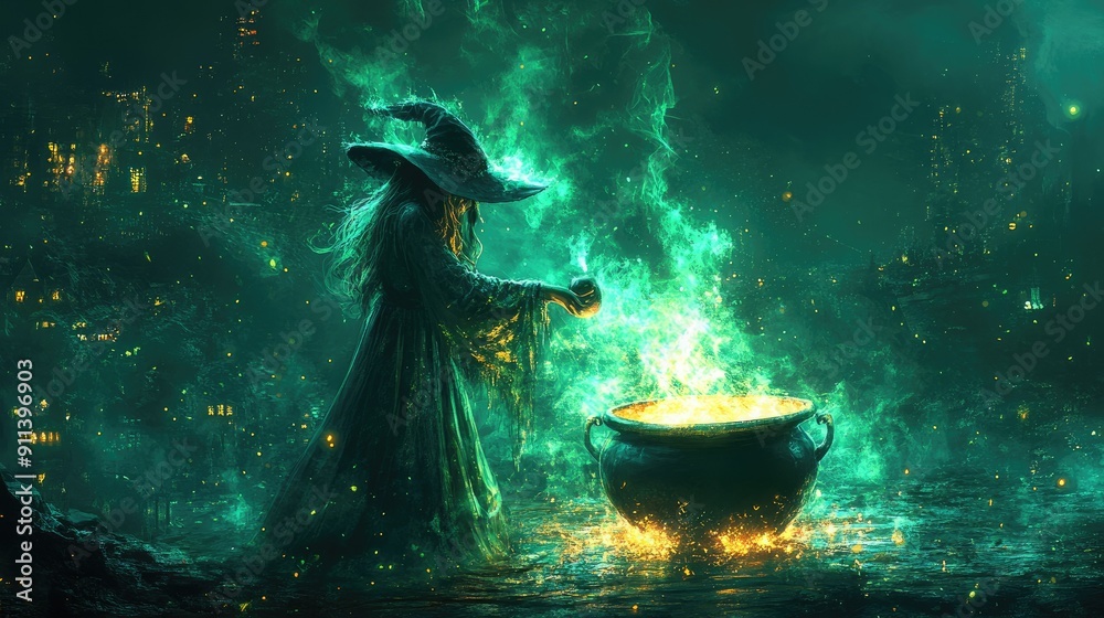 Obraz premium Green Cloaked Witch Conjuring Magic Spell over Glowing Cauldron in Mystical Night Cityscape