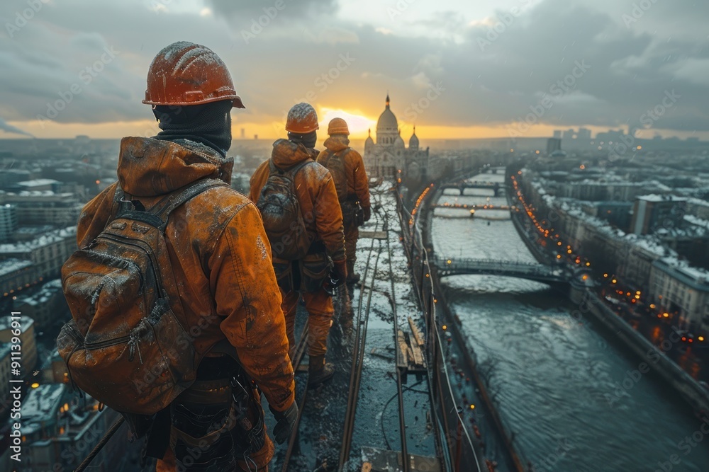 Group of construction workers on a high narrow platform overlooking the cityscape, teamwork and precision. Group of construction workers on a high narrow platform overlooking the cityscape, teamwork and precision.