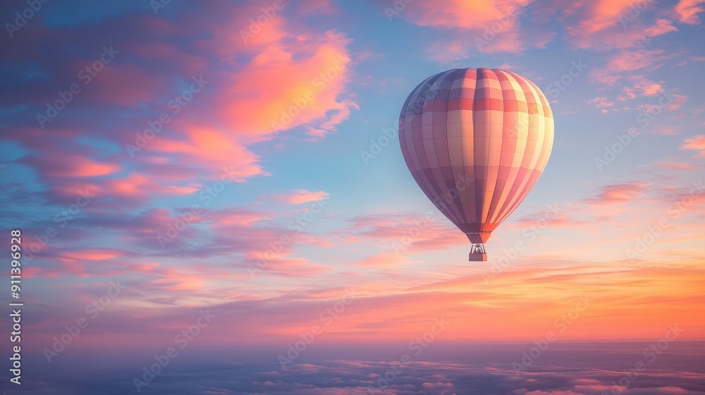 A colorful hot air balloon soaring through a vibrant sunset sky, creating a peaceful and inspiring atmosphere for adventure. A colorful hot air balloon soaring through a vibrant sunset sky, creating a peaceful and inspiring atmosphere for adventure.